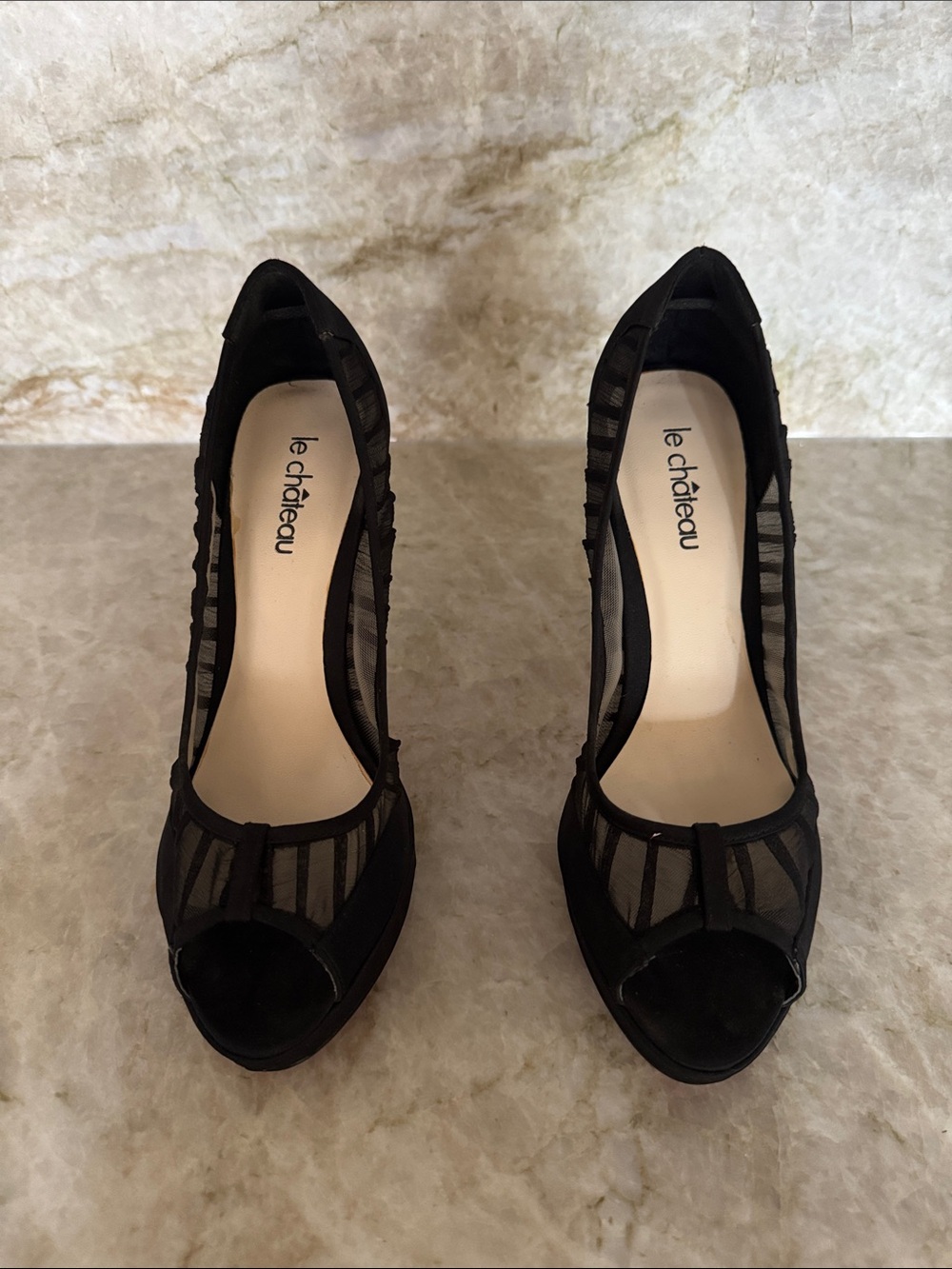 le château Black Mesh Peep-Toe Heels